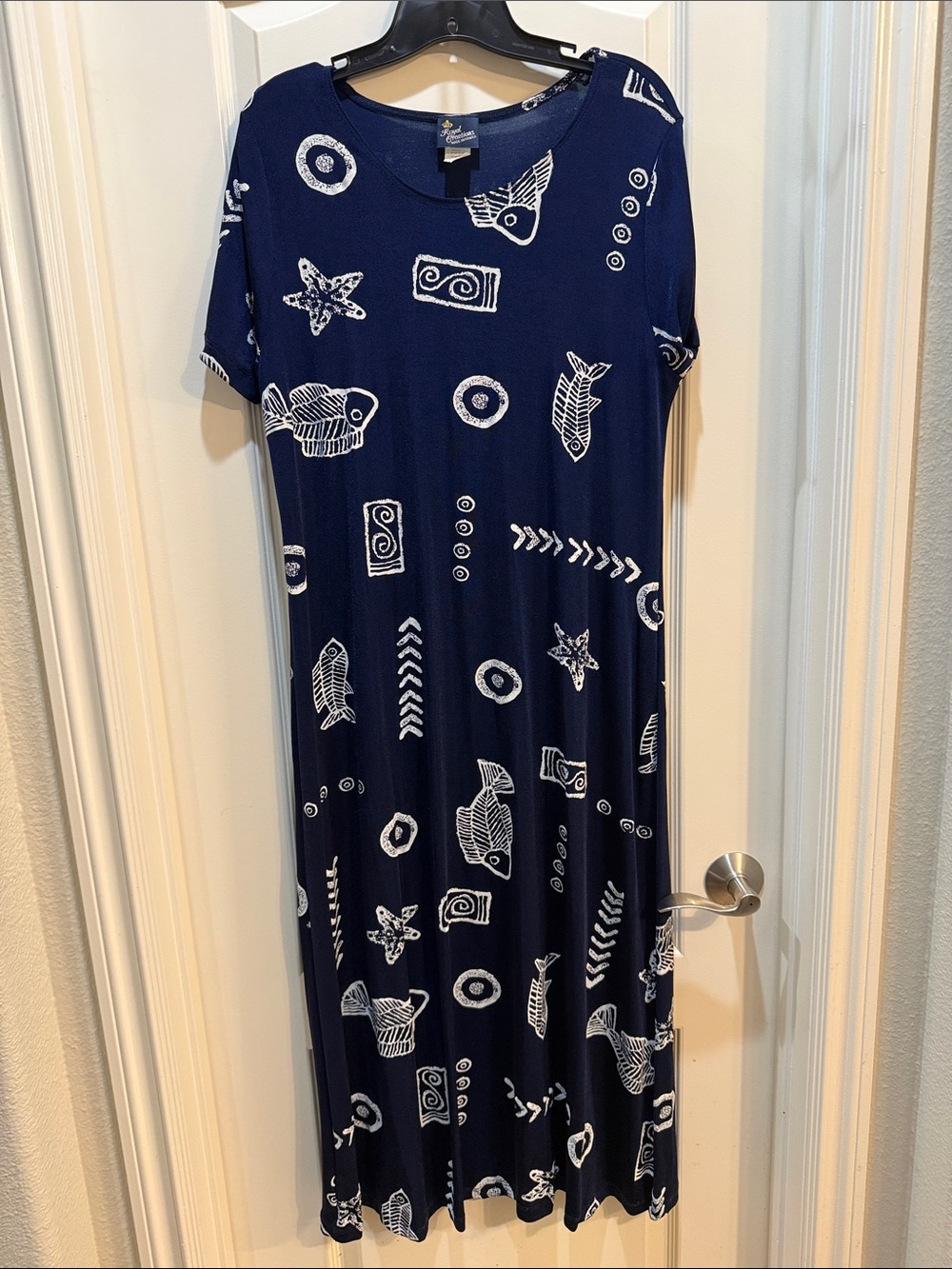 Royal Creations Hawaiian Navy Blue Beach Fish Long Lycra Dress L/XL